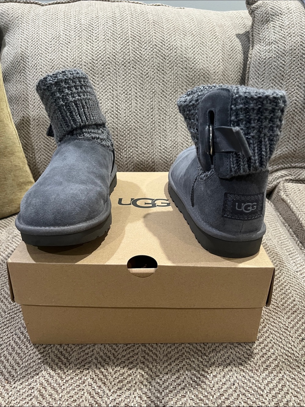UGG Women's Dark Grey Suede Knit-Cuff Ankle Booties